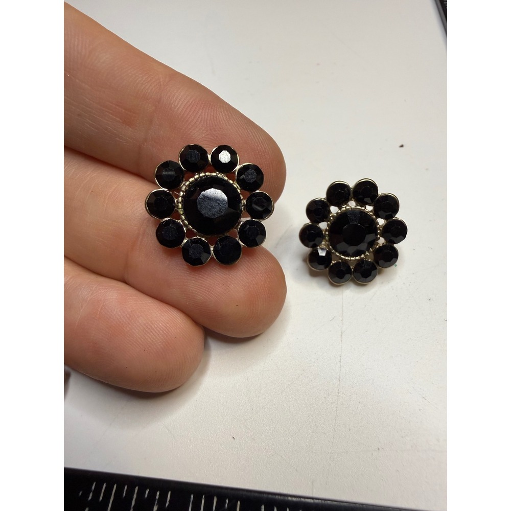 Black Rhinestone Flower Stud Earrings Gold Tone Floral Post Back Jewelry